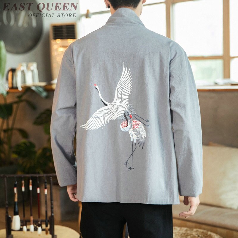 Kimono japonés Cárdigan para hombre Yukata, camisa de estilo chino, traje Samurai bordado con Grulla, ropa asiática Haori KK2946
