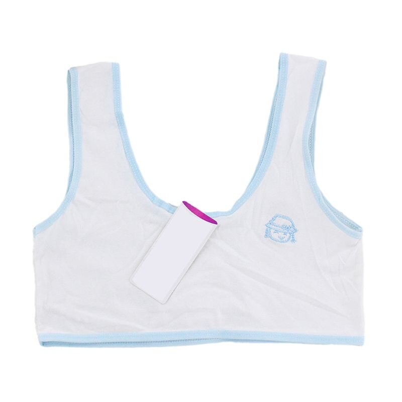 Puberty Girls Wide Straps Tank Crop Top Cartoon Embroidery Underwear Vest 6-16T U50F: Light Blue