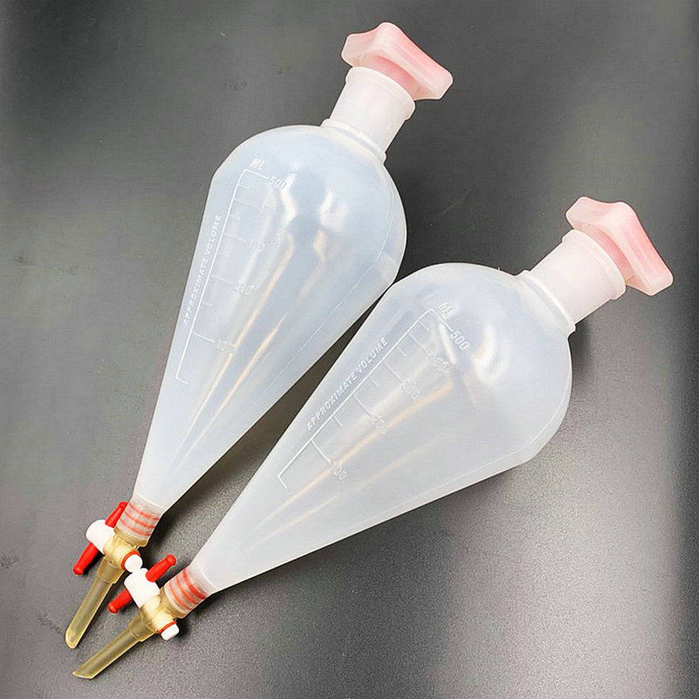 Embudo separador de plástico en forma de pera con pistón de PTFE, suministros de laboratorio, 125/250/500/1000ml, 1 unidad