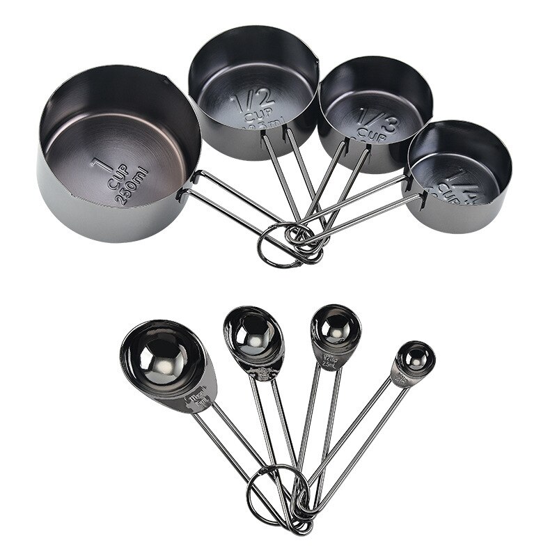 Stainless Steel Measuring Spoons Cups Set Baking Tea Coffee Spoon Flour Liquid Measuring Tool Cooking Kitchen Accessories Gadget: 8pcs Black Gray