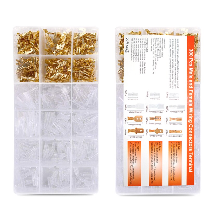 Multi-function crimping pliers set Wire stripper tool kit 120/270/300Pcs 2.8/4.8/6.3mm Male/Female Wire Spade Connectors: 300pcs