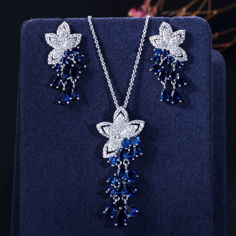 CWWZircons Cubic Zirconia Tassel Flower Earrings and Pendant Necklace Ladies Jewelry Sets T334: blue