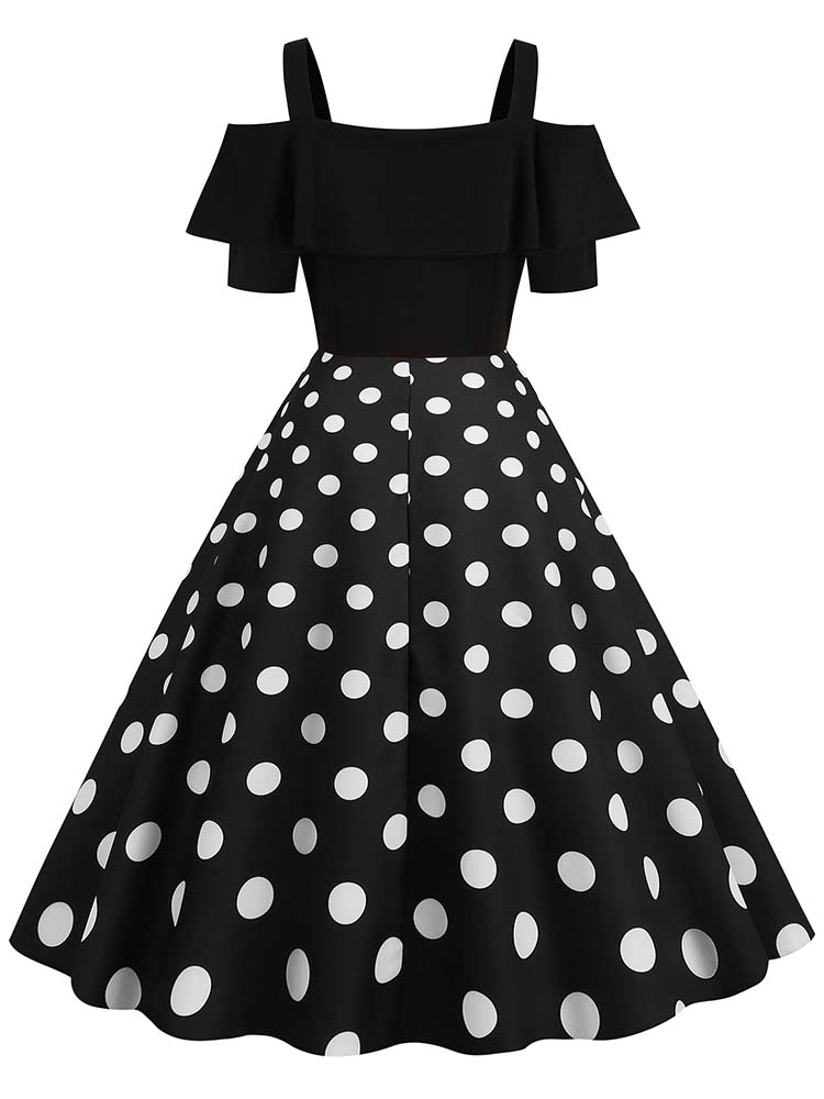 Vestido de Vintage con hombros descubiertos, vestidos Midi de línea A con volantes y lunares de verano para mujer