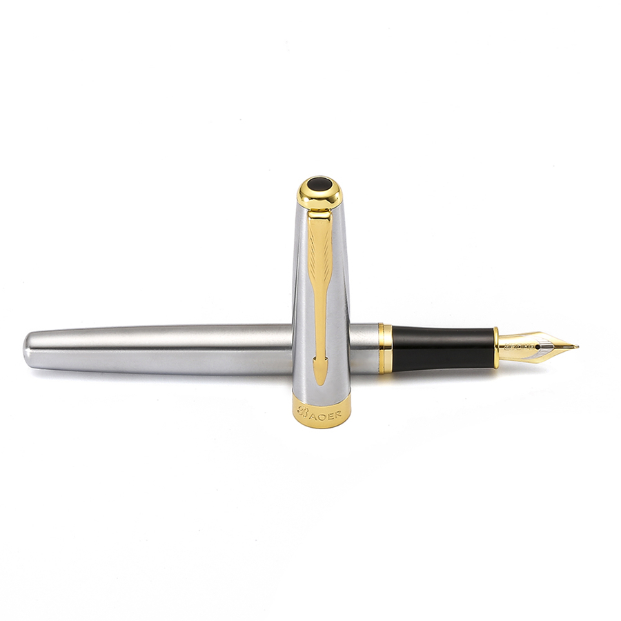 Elite Fountain Ink Pen, Gold Arrow Clip Metal Steel Polished Barrel, Medium Tip, Baoer 388 Office Signature School Student A6298