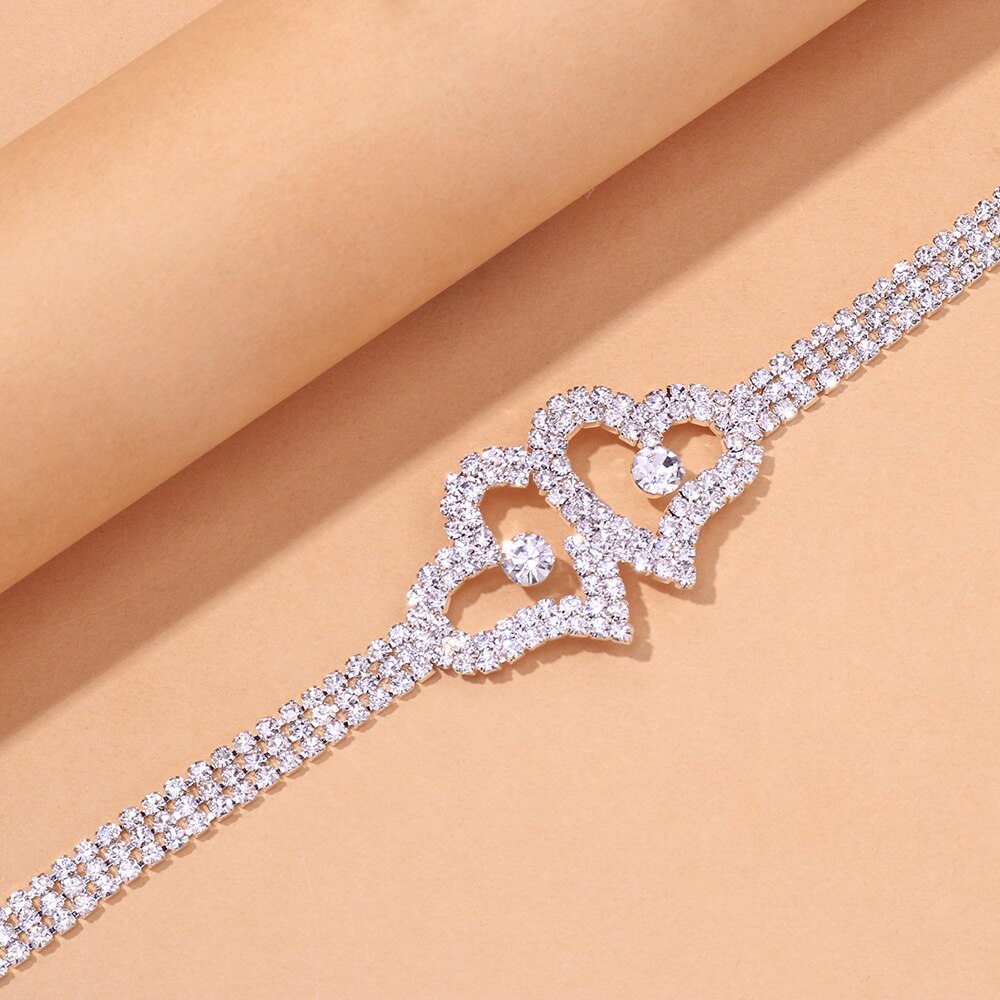 Stonefans-tobillera de corazón doble de diamante de imitación para mujer, pulsera de cadena de tenis de cristal, de joyería