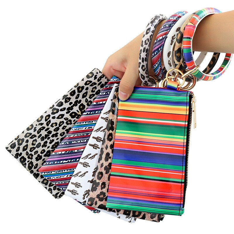 Multi-purpose Pu Leather Flower Leopard Printed Phone Wallet O Key Rings Women Wristlet Bracelets Key Chain
