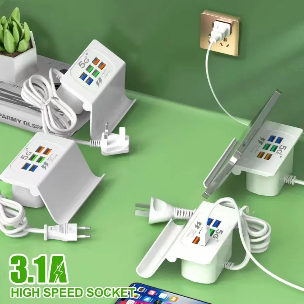 6- ports usb-opladerstation, opladestation til flere enheder, multi-usb-natbordsopladerstation med telefonholder