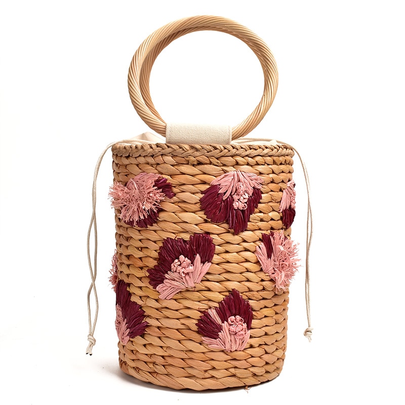 three-dimensional flower hand-held straw woven bag lovely bucket hand woven bag women's Beach handbags