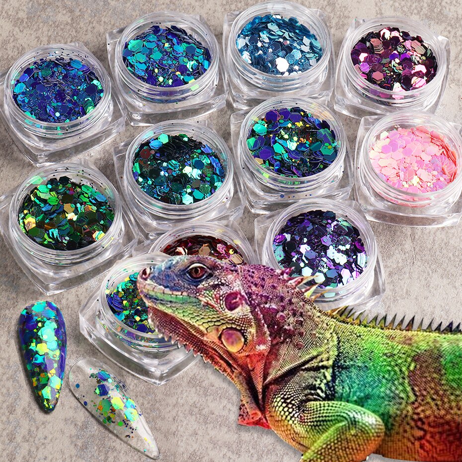 1 caja de Paillettes de uñas camaleón 3D, lentejuelas brillantes de sirena, lagarto, lentejuelas brillantes, arte de uñas hexagonales, decoraciones para manicura BE1904