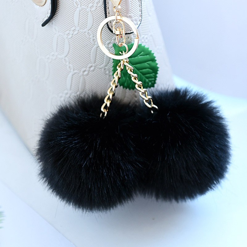 Leuke Pluizige Faux Konijnenbont Bal Pompom Sleutelhanger Cherry Gold Sleutelhanger Pom Pom Sleutelhanger Bag Charms Wedding trinket