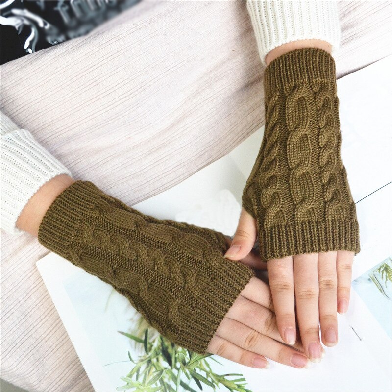 Kvinder mænd twist hæklet strikkede fingerløse handsker hånd varmere vinterhandsker kort arm ærme varme ensfarvede vanter: Khaki