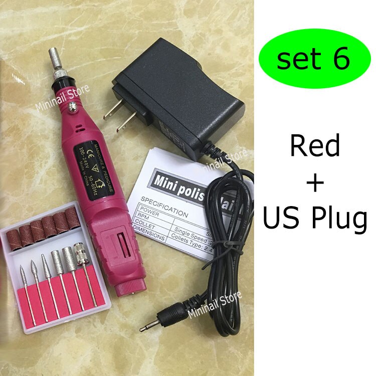 Mini nagelboorset met 6 bits, elektrische boormachines, manicure, stylingtool, pedicure, vijlen, vormgeven, voetverzorgingsproduct: Rood - amerikaanse stekker