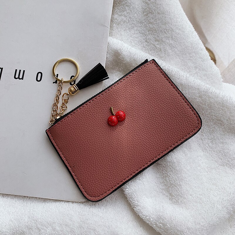Enkel körsbär koreanskt pu-läder ultratunn klämma mjukt läderfransar dragkedja kort plånbok damkortväska noll plånbok: Röd