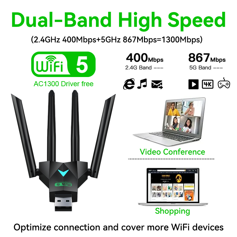 VAORLO 1300Mbps WiFi USB Adapter Dual Band 2.4G/5Ghz Wi-Fi Dongle 802.11AC Powerful Antenna Wireless Receiver For PC/Laptop