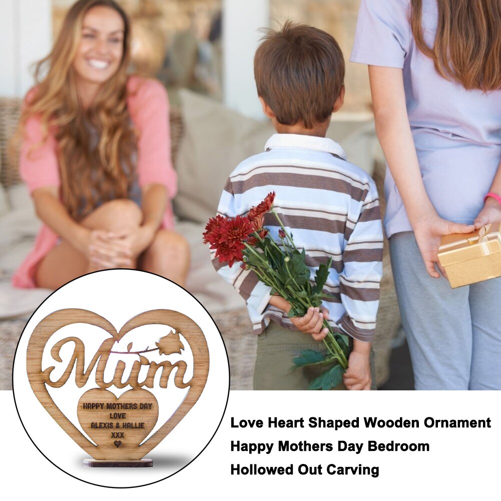 Love Heart Shaped Wooden Ornament Happy Mothers Day Bedroom Hollowed Out Carving Mother's Day Heart Hollow Letter Wooden Ornamen