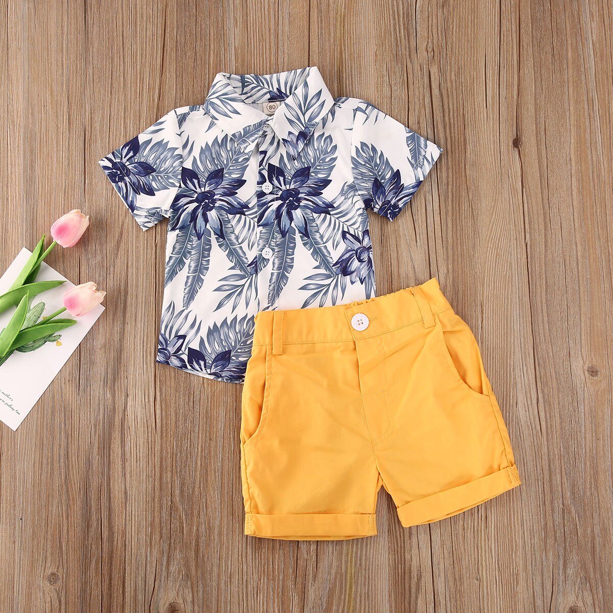 Emmababy 1-5Y Summer Toddler Baby Boys Clothes Sets Floral Short Sleeve Shirts Tops+Solid Shorts 2pcs Outfits