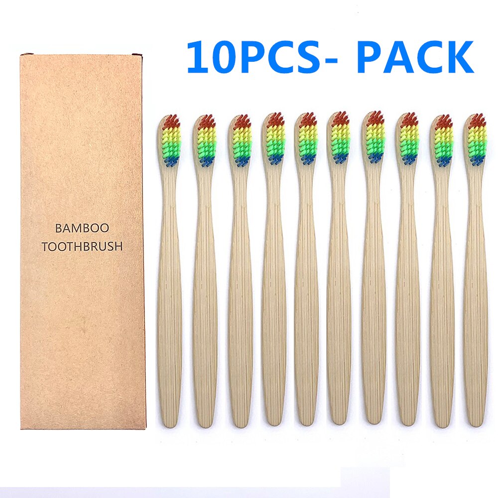 10-Pack Bunte Natürliche Bambus Zahnbürste Umwelt Holz Regenbogen Bambus Zahnbürste Mundpflege Weichen Borsten: 10PCS Rainbow Color