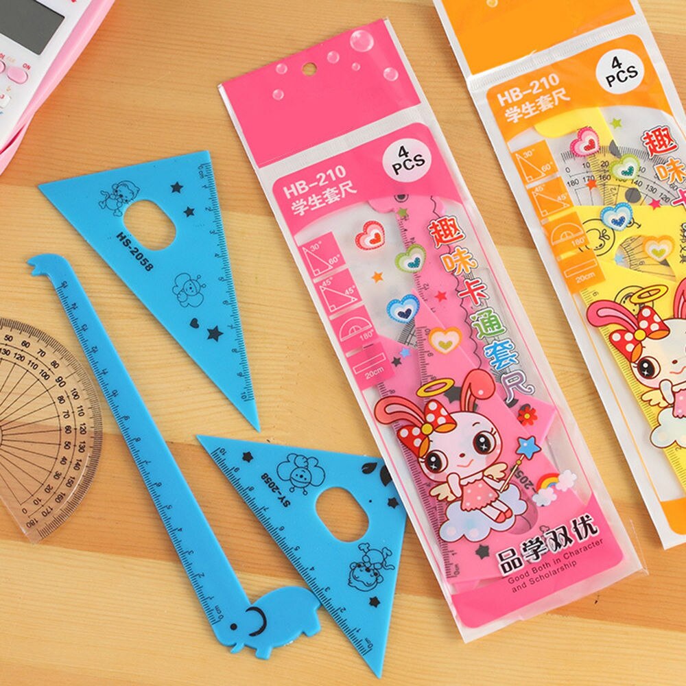 4PCS/Set Cartoon Giraffe Ruler Straight Ruler / Triangular Ruler / Protractor Junior School Stationery For Kids: Blue