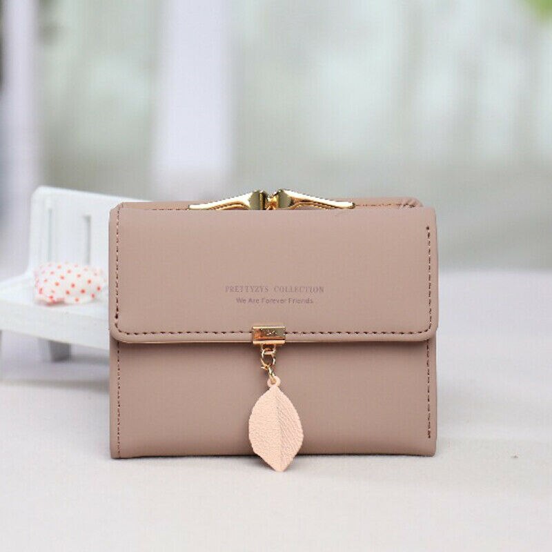 Women's Short Wallet PU Leather Leaf Tassel Clutch Portable ID Credit Card Holder purse: Khaki