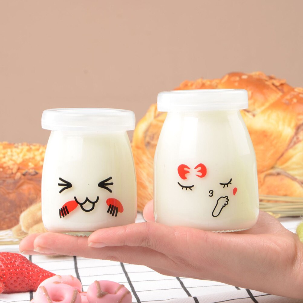 6 Stuks 100Ml Pudding Flessen Leuke Gezicht Hittebestendig Glas Gelei Yoghurt Pot Containers (Willekeurig Patroon)