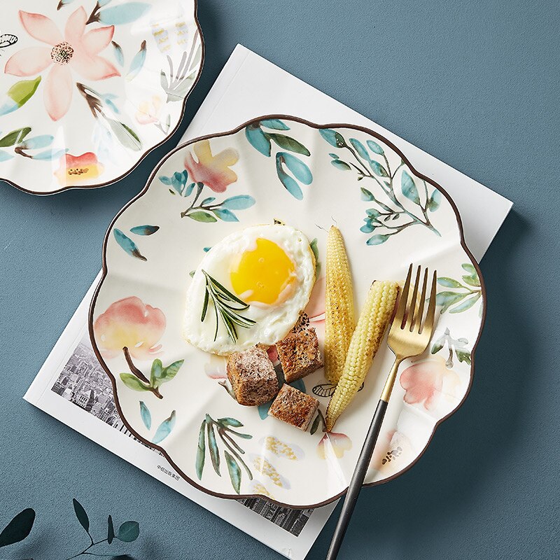 Plato de cerámica con forma de flor para servir, vajilla de Floral PARA CENA, vajilla apta para microondas, plato de postre de 8/10 pulgadas