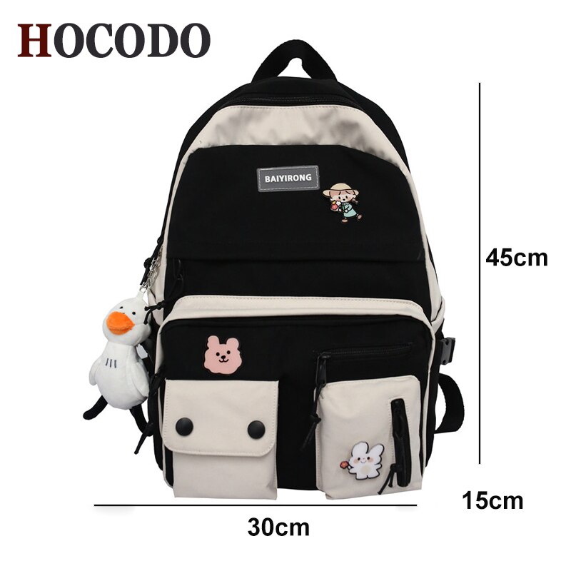 HOCODO Kawaii Women Backpack Female College Bookbag Student Backpack Cute School Bags For Teenage Girl Travel Mochila: Black / Without pendant