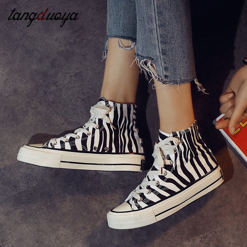 Zebra lærred sko kvinder høje sneakers kvinder snøre af fritidssko kvinder lejligheder udendørs vulkaniserede sko