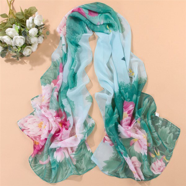 Forår og efterår chiffon kvinder tørklæde print geometrisk mønster lang blød silke sjal: A4