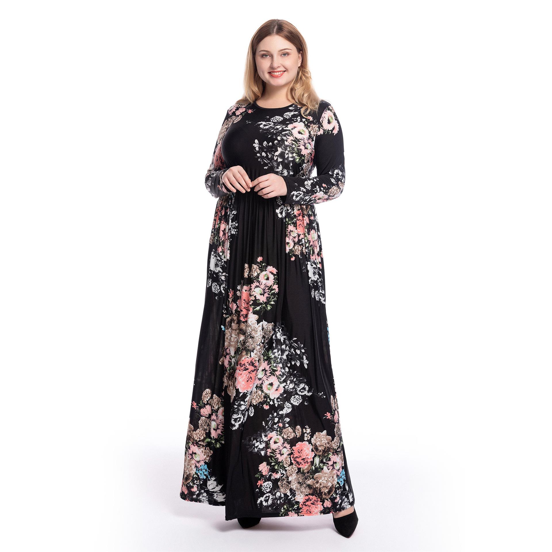 Plus size boho blomsterprint maxi lang kjole til kvinder festkjole draperet langærmet muslimsk casual malaysia oman kjoler