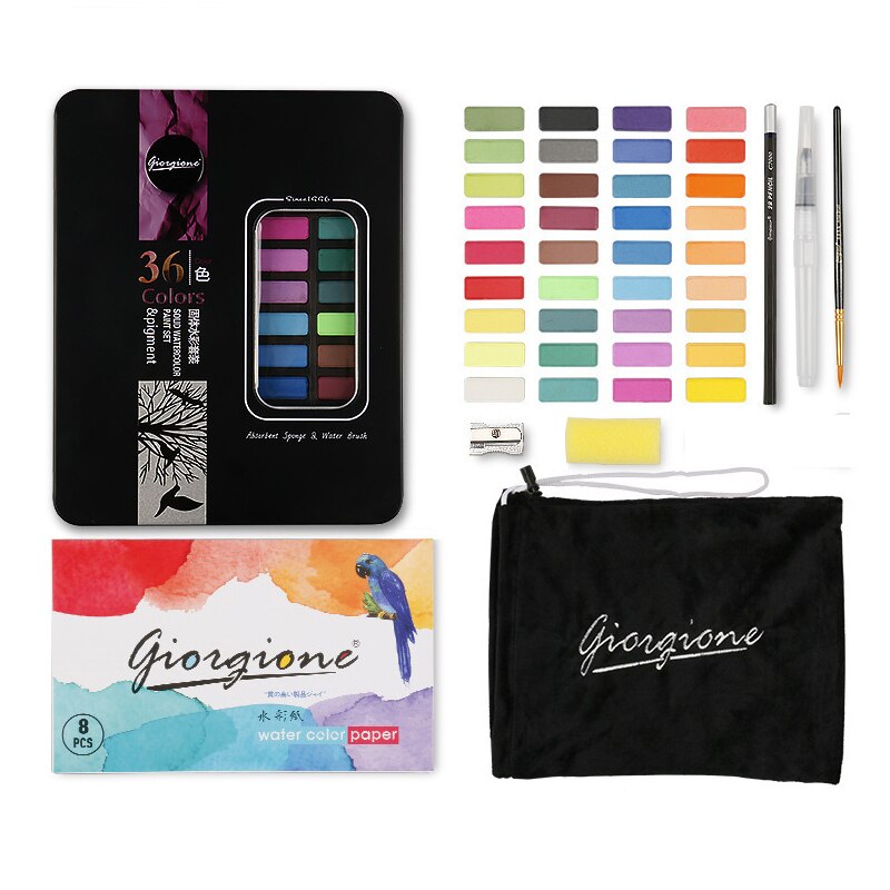 36 farger fast akvarellmaling nybegynner akvarellmaling sett svart blikkeske barnas skisse akvarell: Herre svart