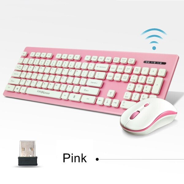 COOLXSPEED KM5808 2.4G USB Wireless Keyboard and Mouse Set Mute Waterproof Wireless Keyboard and Mouse Combo: Pink-White