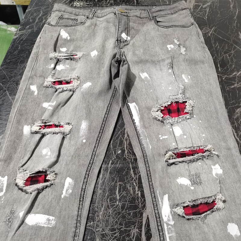 Heren Skinny Ripped Jeans Grid Bedelaar Patches Slim Fit Stretch Casual Denim Potlood Broek Schilderen Jogging Broek