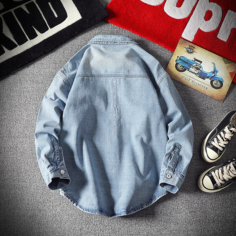 Fashionable men's denim shirt long-sleeved large size cotton denim cardigan casual slim-fit shirt men's two pockets clothes 5XL