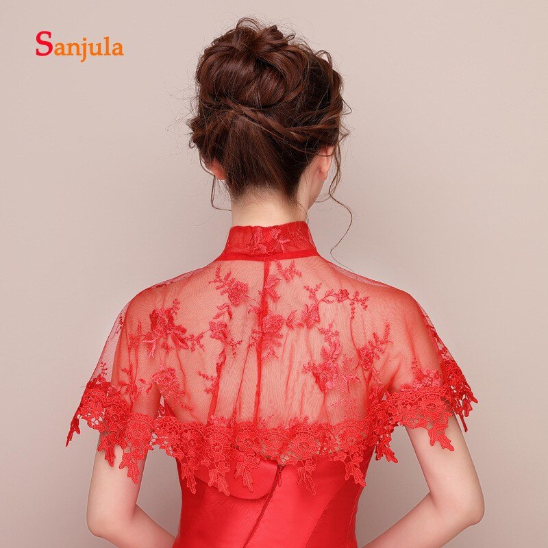 Red Lace High Neck Wedding Bolero Appliques Women Dress Jacket Accessories Bridal Wraps capa novia W09