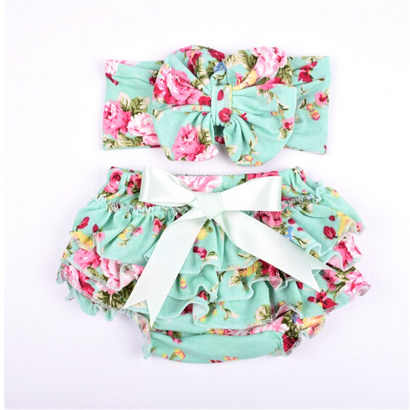 Newborn Baby girls bloomers Infant ruffle panties+Headband baby diaper covers girls shorts floral bloomers: 4 / 12M