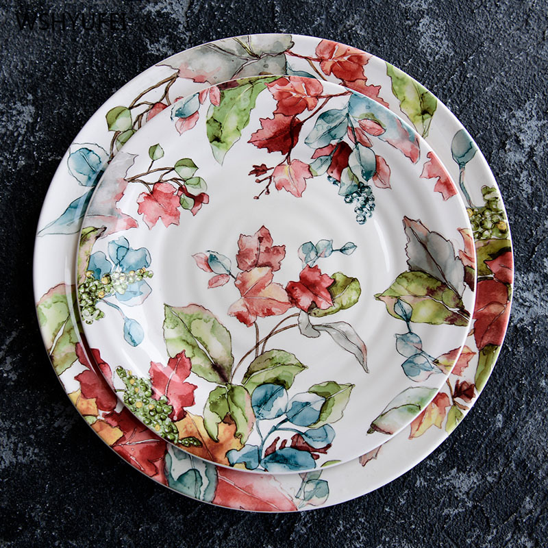 1 stk malede blomster runde keramiske fade bordservice western bøf salat dessert kage sushi opbevaring dekorativ tallerken