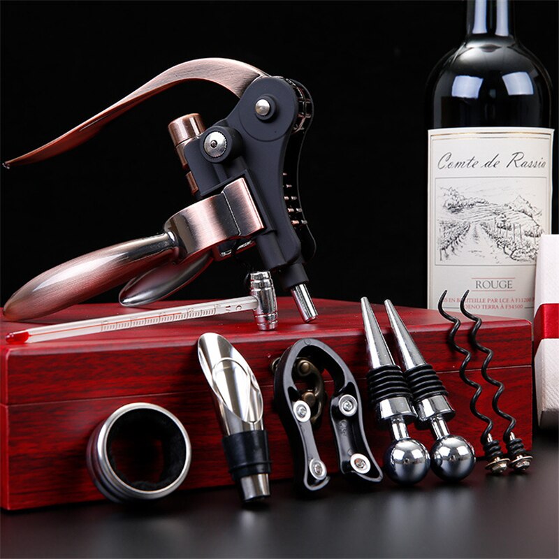 Red Wine Corkscrew Set 9 pcs/set Zinc Alloy Rabbit Shape Red Wine Opener Tools Luxury Wooden Box Packaging