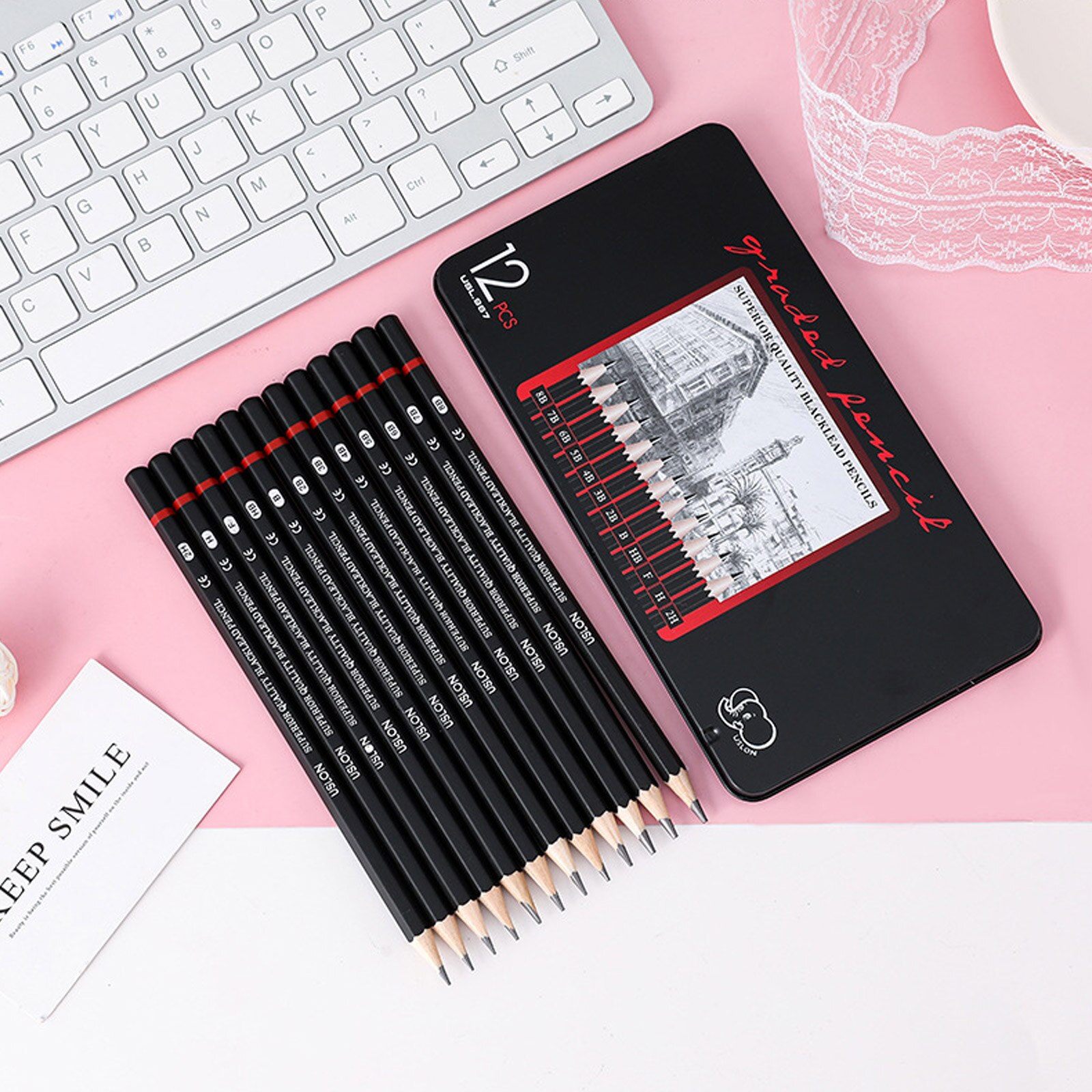 12pcs 2H-8B Wooden Sketch Lead Pencils Smooth Use Drawing Journal Writing Pencils with Metal Storage Box