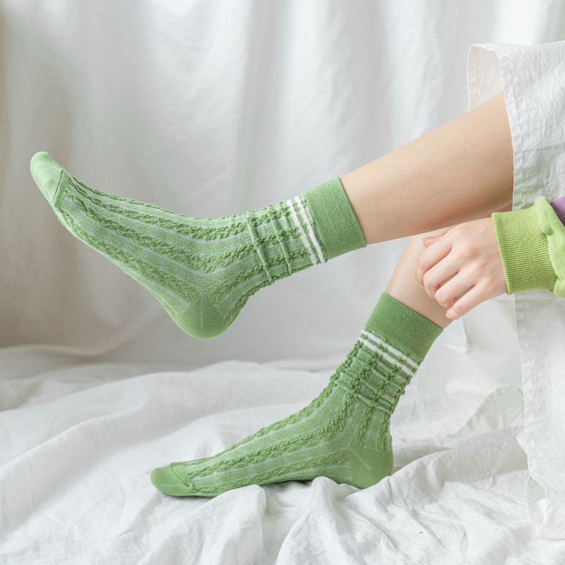 CHAOZHU fresco verde 5 Patrones de celosía olas pequeñas Matcha Primavera Verano skate mujer chica calcetines de de mujer Casual