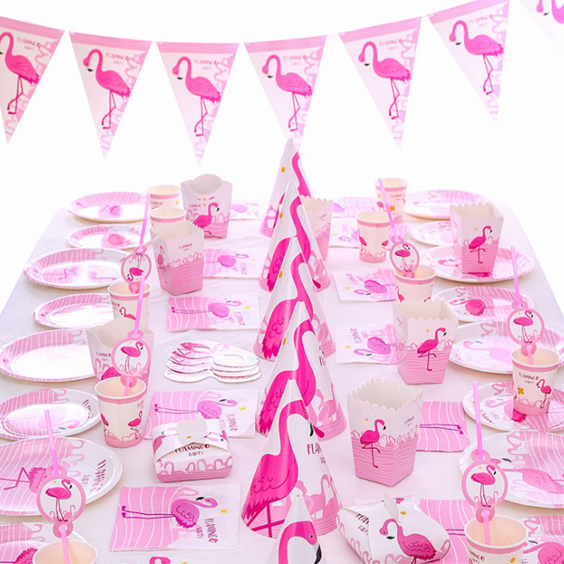 Decoración de de flamenco rosa, flamenco hawaiano, de cumpleaños para niñas, vajilla desechable, plato de papel, taza, diadema de flamenco de paja
