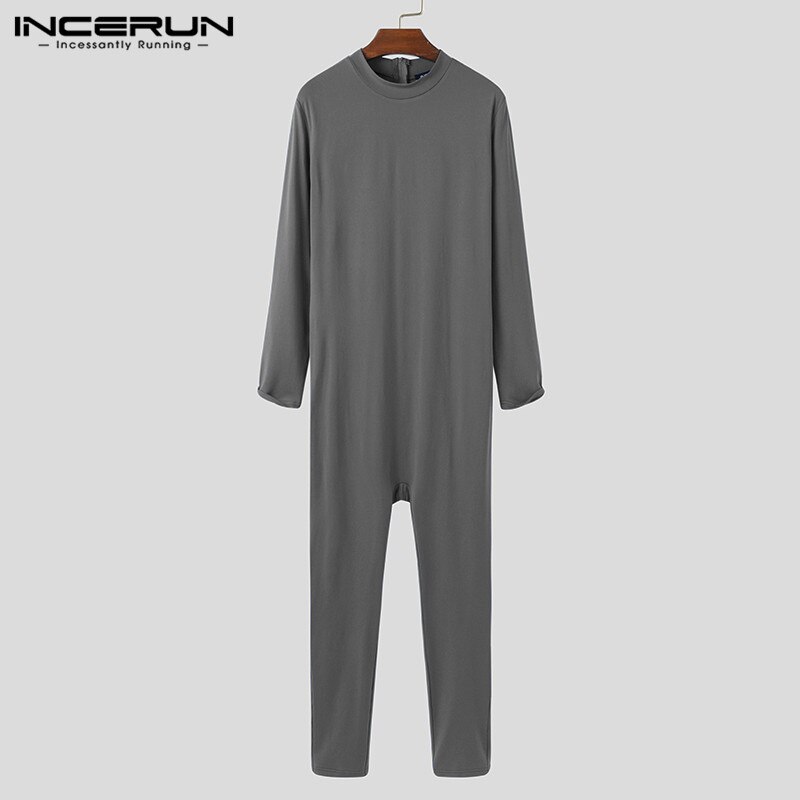 Incerun Mannen Jumpsuit Pyjama Lange Mouw O Hals Homewear Leisure Nachtkleding Soft Fitness Effen Kleur Mannen Rompertjes Nachtkleding S-5XL