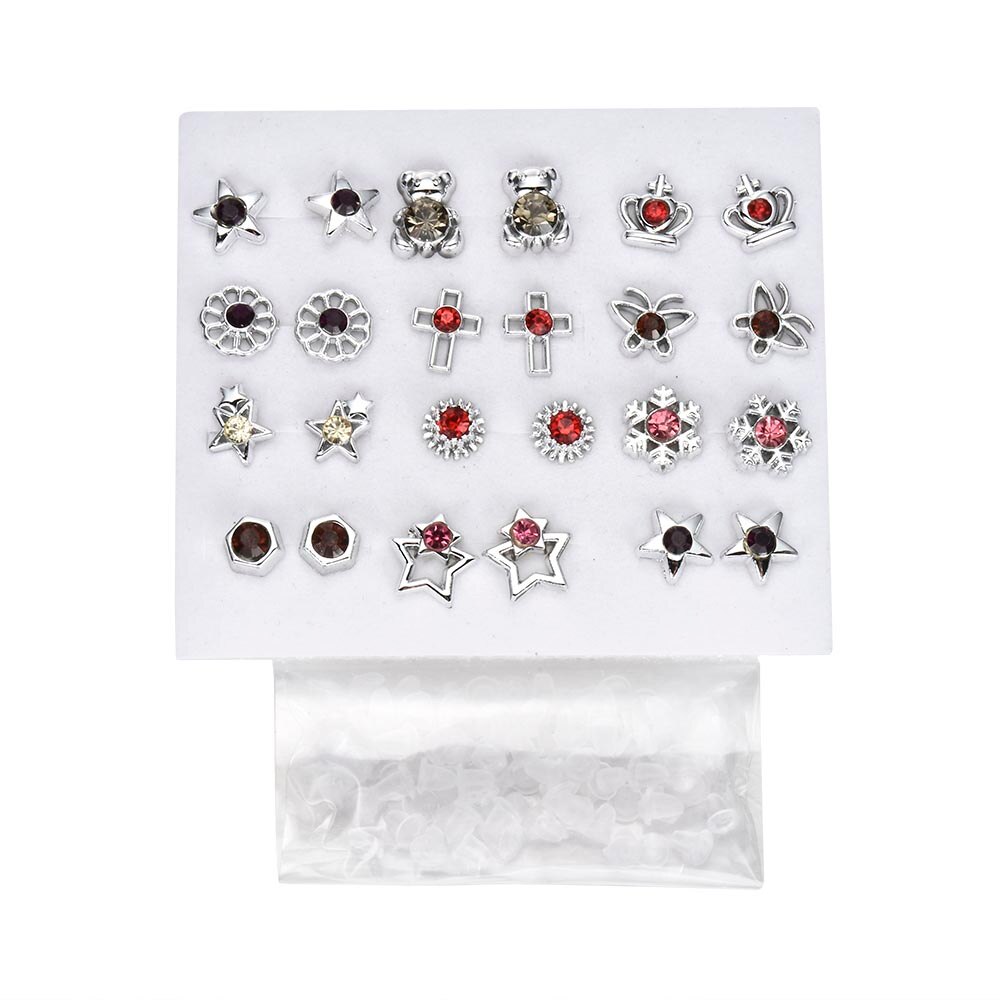 12~36 Pairs Women Girls Resin Plastic Crystal Diamante Flower Stud Earrings Set Random Style Gold Color Jewelry: Gold-color