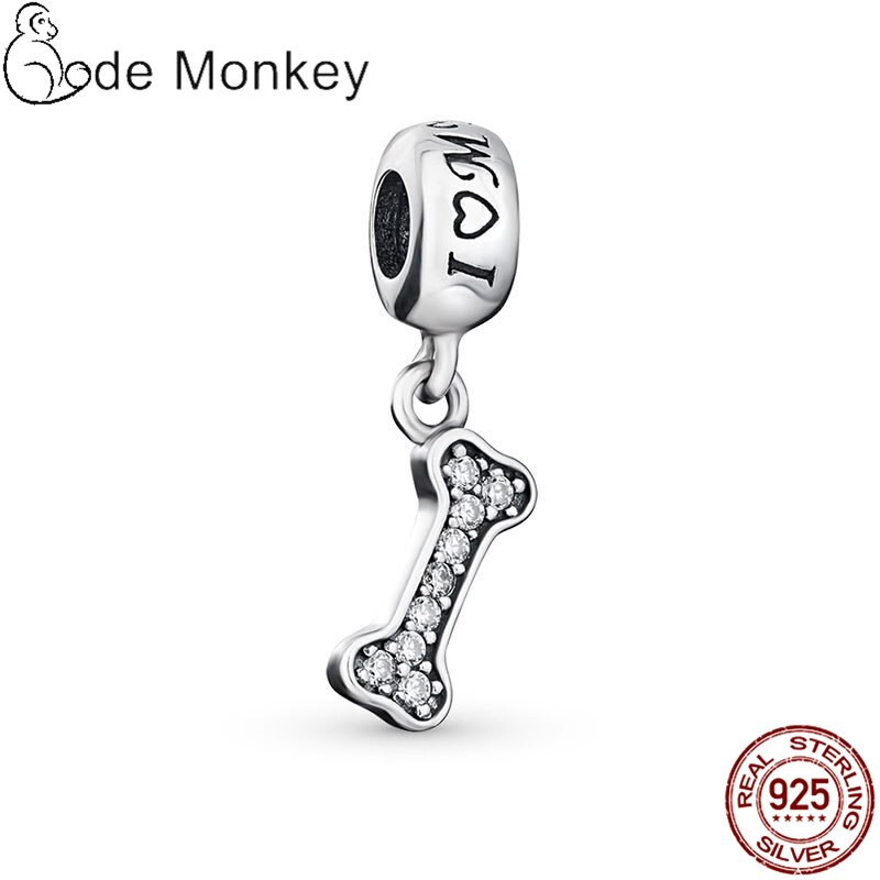 Qikaola Clear Zircon Dog Bones Charms Beads Fit Original Bracelet 100% Sterling Silver Pendant Jewelry CMS139