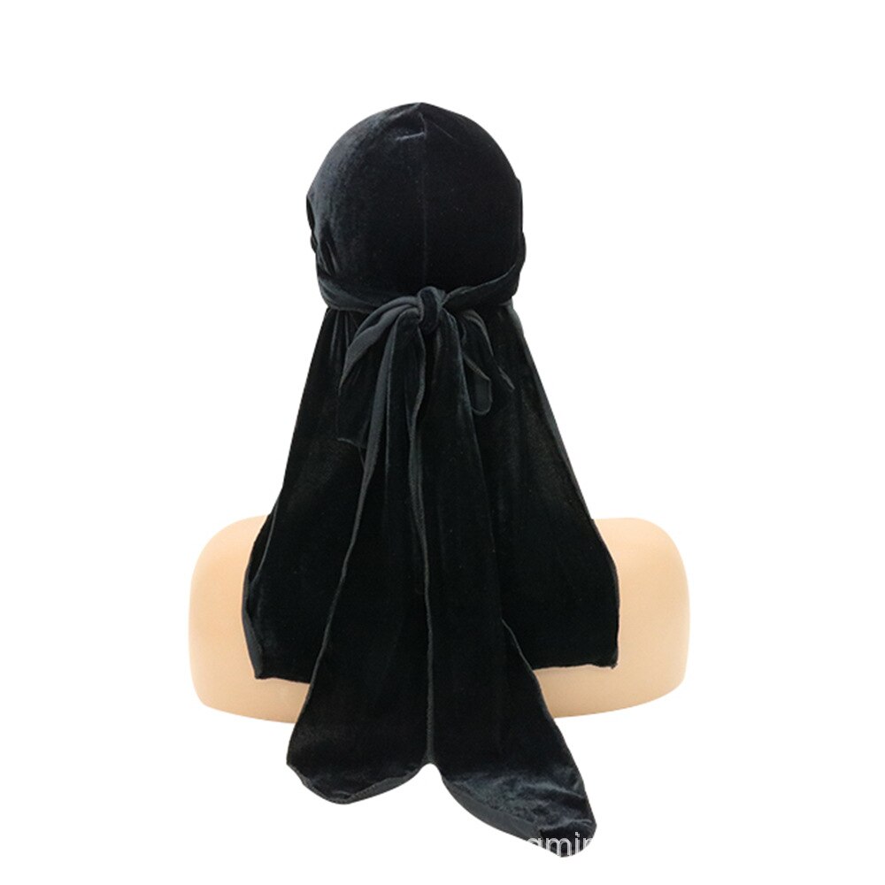 Durag en velours pour hommes et femmes, chapeaux Bandana, solide, enveloppe de tête, extensible, longue queue, chapeaux de Pirate Jordan, Turban Du chiffon: black