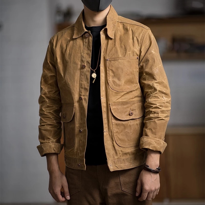 Maden-chaquetas de lona con cera al óleo para hombre, chaqueta Retro de color caqui con múltiples bolsillos, con cuentas, Ami Kaji, con bolsillo grande, ropa Vintage sólida