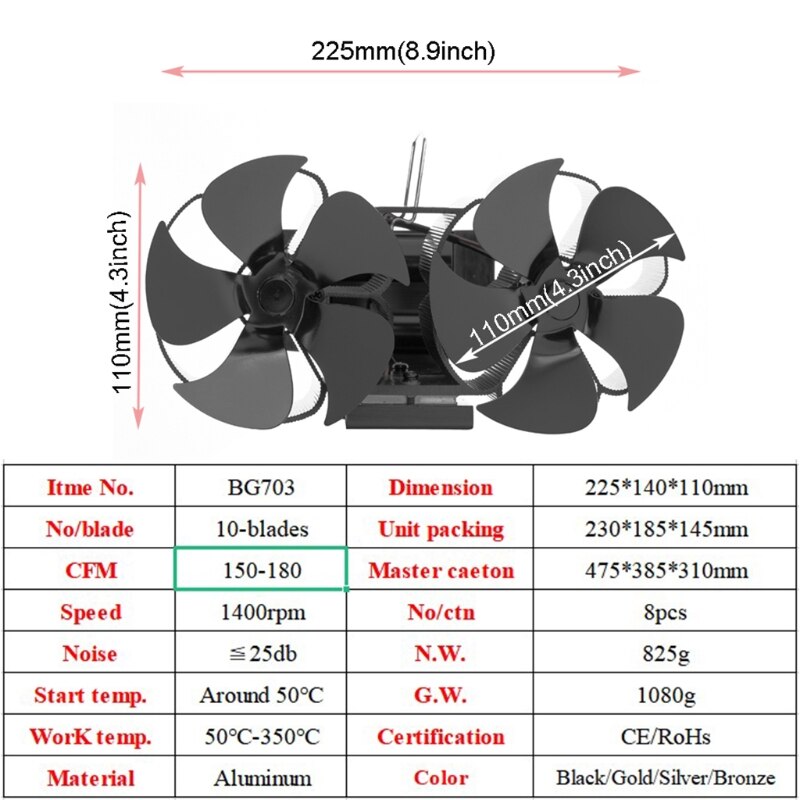 Double-ended Fireplace Fan Chimney Duct Fan 10-blade Small Ideal for Home Eco Friendly and Efficient Wood Stove Fan