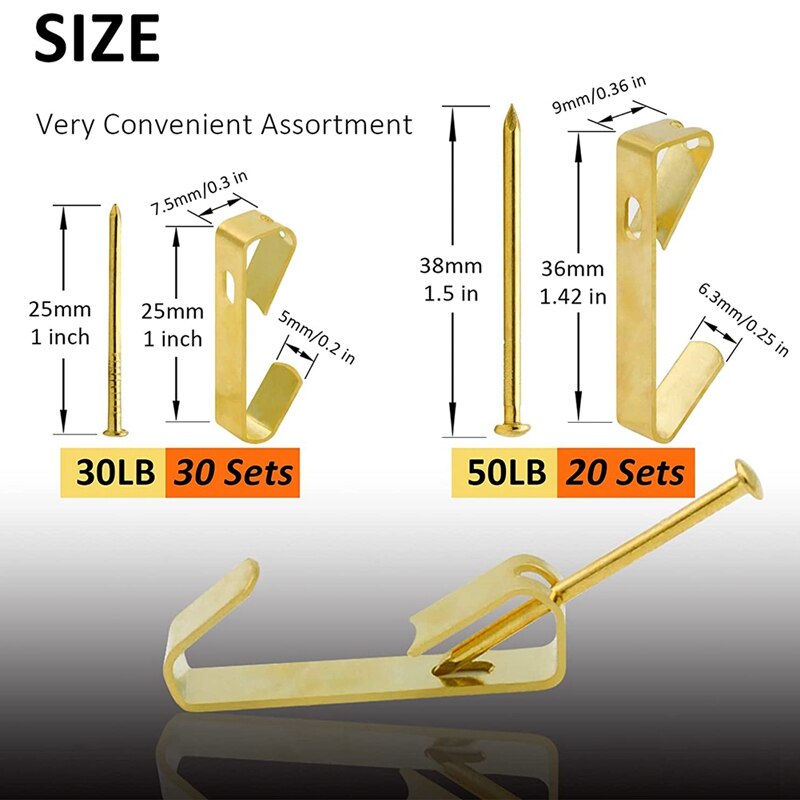 Foto Haken, 100 Stuk Foto Opknoping Kit, Inclusief 30Lb En 50Lb Foto Haken, 2 Maten Foto Haken Met Nagels