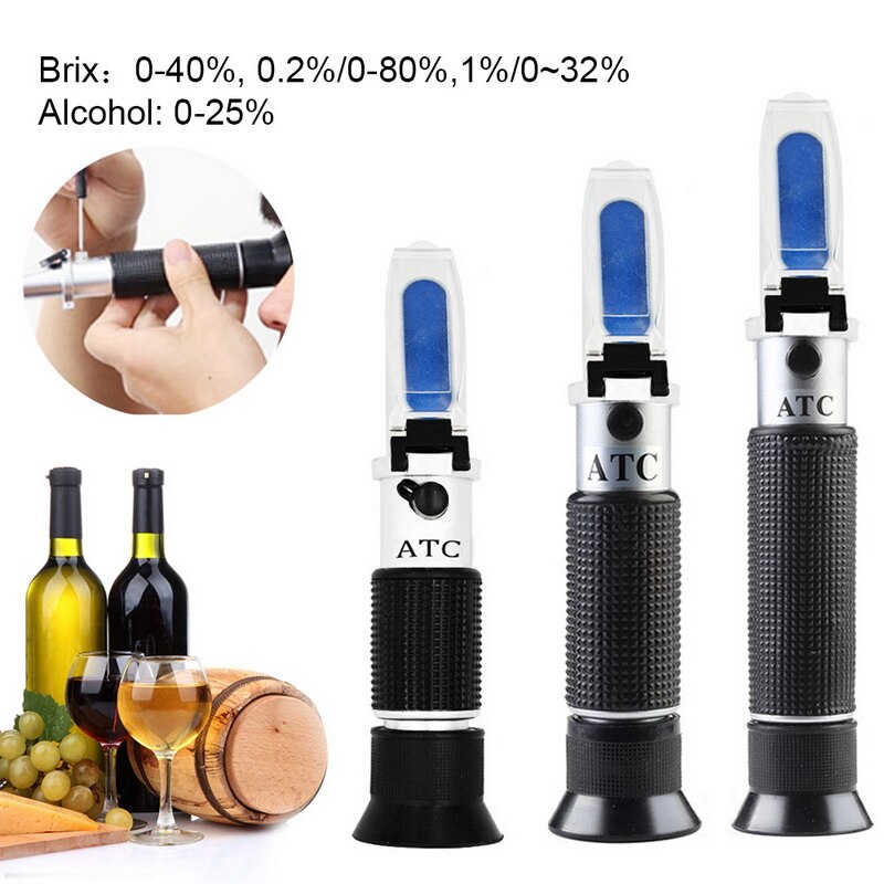 3 stil håndholdt alkohol / brix refraktometer sukker vin koncentration meter densitometer 0-25%  alkohol øl 0-40%  brix druer