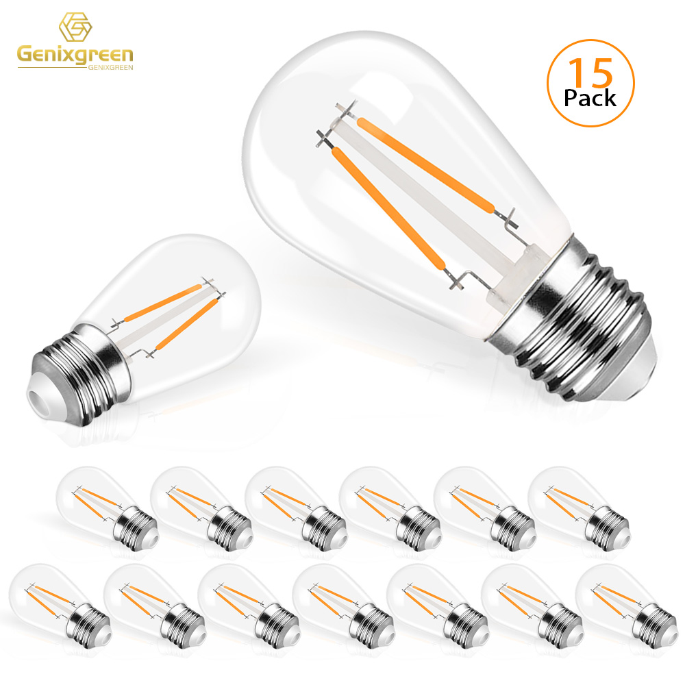 Genixgreen S14 2W String Glühbirne Warmweiß 2700K E27 Dimmbare wasserdichte Kunststoff-LED-Filament Vintage ST45 Ersatzlampen