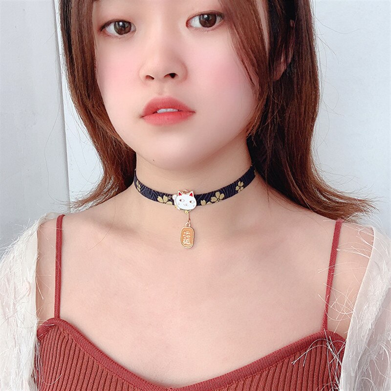 Classic Japan Necklace Ribbon Rope Bird Cat Carp Doll Choker Cute Romantic Jewelry for Women Short Clavicle Chain